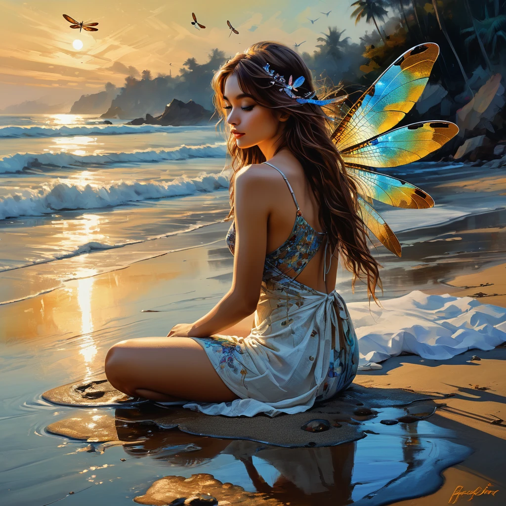Beautiful girl alone on the beach of memories , Colorful dragonfly, long messy brown hair with white highlights , magnificent composition of darkness, visually stunning, lots of crafts, aesthetic artworks in 8k HDR, professional style digital oil painting with deep breathing, ink spirit, professional artistic style oil painting art, intricate hyperrealistic fantasy, Multilayer technologies, splash style, masterpiece detail, meticulously handcrafted, 8k infinity aesthetic stylized with insanely random details illustration art,Powder Frank Frezetta, Intricate art style charming Michael Garmash, Ivan Shiskin, in linen