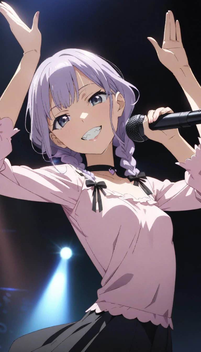 (Cute a girl:1.5), ((a girl with closs hair pin,pale purple hair,wavy two braids,bluntbangs hair,green and black eyes,
pink shirt,cosplay, jirai kei, bangs, black skirt, black bow, looking at viewer, bow, long sleeves, choker, ribbon,pink lips,Thick-soled boots,fullbody shot :1.4),boots focus,
(masterpiece:1.3), anime visual, small breast,slim,The girl holds the microphone in both hands and singing ,A pose with hands raised high, show your teeth and wave your hand.:1.4),(masterpiece:1.3), anime visual, (Lovey-dovey:1.5), (tilt head:1.3), extremely delicate face, soft clean focus, realistic lighting and shading, (an extremely delicate and beautiful art:1.3), elegant, small breast,slim,smiling,The dazzling lights of the concert venue, the countless purple glow sticks,