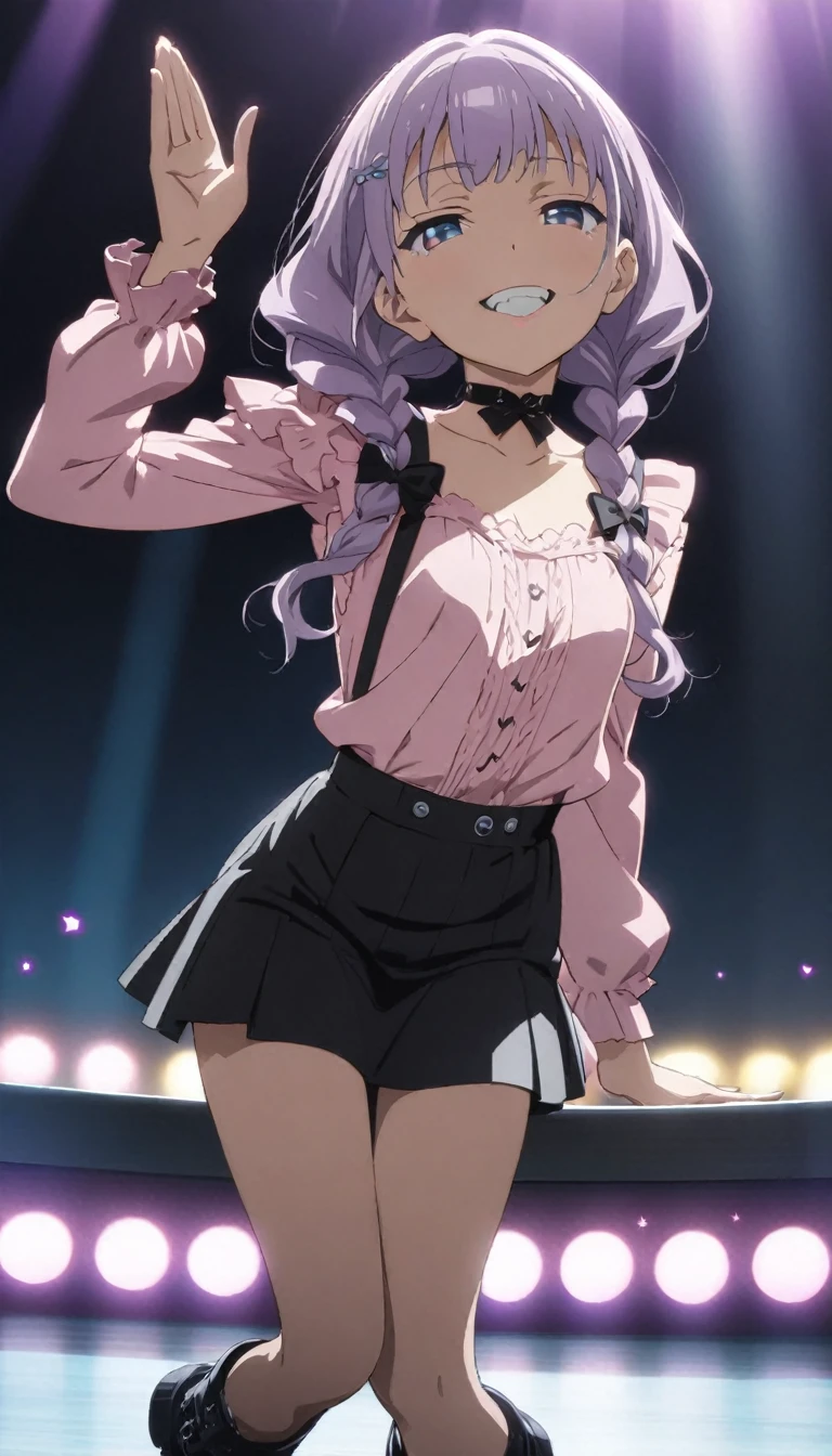 (Cute a girl:1.5), ((a girl with closs hair pin,pale purple hair,wavy two braids,bluntbangs hair,green and black eyes,
pink shirt,cosplay, jirai kei, bangs, black skirt, black bow, looking at viewer, bow, long sleeves, choker, ribbon,pink lips,Thick-soled boots,fullbody shot :1.4),boots focus,
(masterpiece:1.3), anime visual, small breast,slim,The girl holds the microphone in both hands and singing ,A pose with hands raised high, show your teeth and wave your hand.:1.4),(masterpiece:1.3), anime visual, (Lovey-dovey:1.5), (tilt head:1.3), extremely delicate face, soft clean focus, realistic lighting and shading, (an extremely delicate and beautiful art:1.3), elegant,  small breast,slim,smiling,The dazzling lights of the concert venue, the countless purple glow sticks,