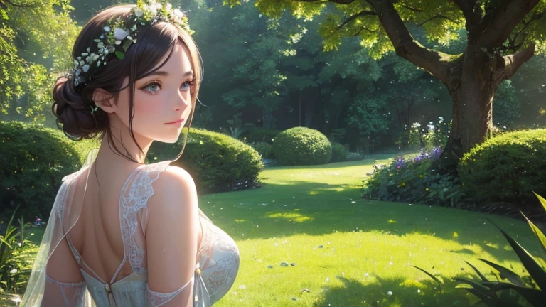 a beautiful young woman in a serene garden, 1girl, detailed face, green eyes, long eyelashes, flawless skin, gentle smile, flower crown, flowing dress, detailed petals, sunlight filtering through trees, lush greenery, (best quality,4k,8k,highres,masterpiece:1.2),ultra-detailed,(realistic,photorealistic,photo-realistic:1.37),vibrant colors,natural lighting,fantasy,highly detailed,art,digital painting