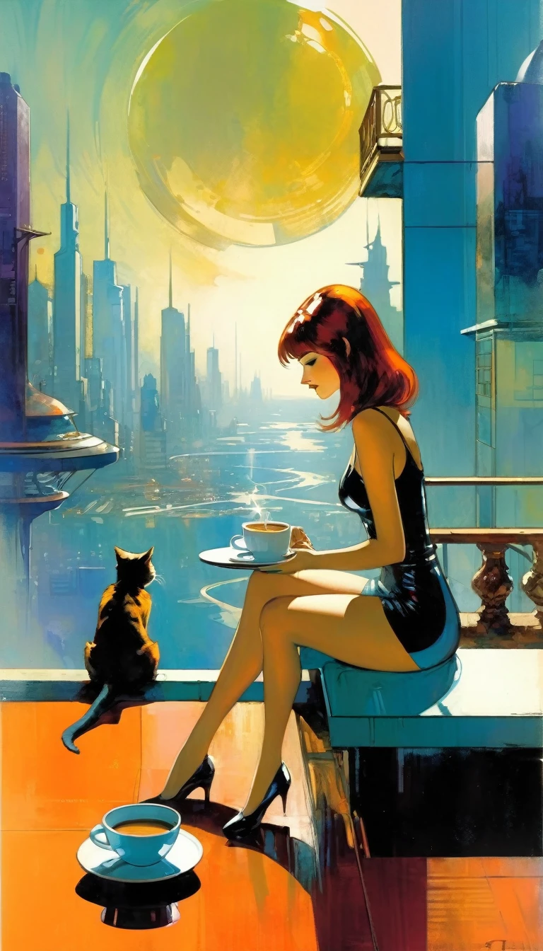 sexy girl and her pet cat, having a coffee, enjoying the views from a large terrace, views of a futuristic city:1.5. (art inspired in Bill Sienkiewicz). oil painting)