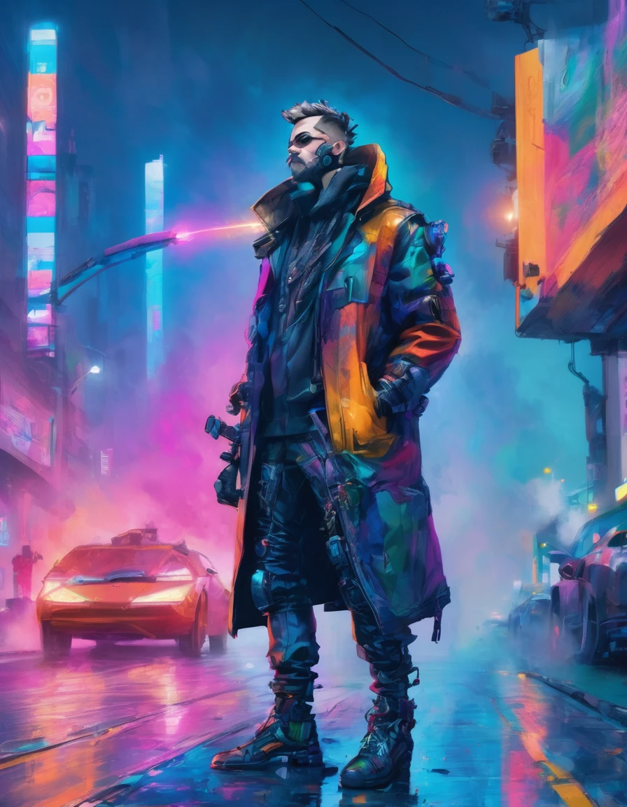 a detailed cypunk badass man , leaning against the wall pose on a futuristic street beside a traffic light , ((holding a smoke)) with a vibrant color , high clarification , refined quality , high definition , super fine detailed ,clear details in 32k resolution