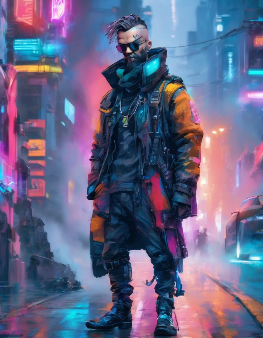 a detailed cypunk badass man , leaning against the wall pose on a futuristic street beside a traffic light , ((holding a smoke)) with a vibrant color , high clarification , refined quality , high definition , super fine detailed ,clear details in 32k resolution