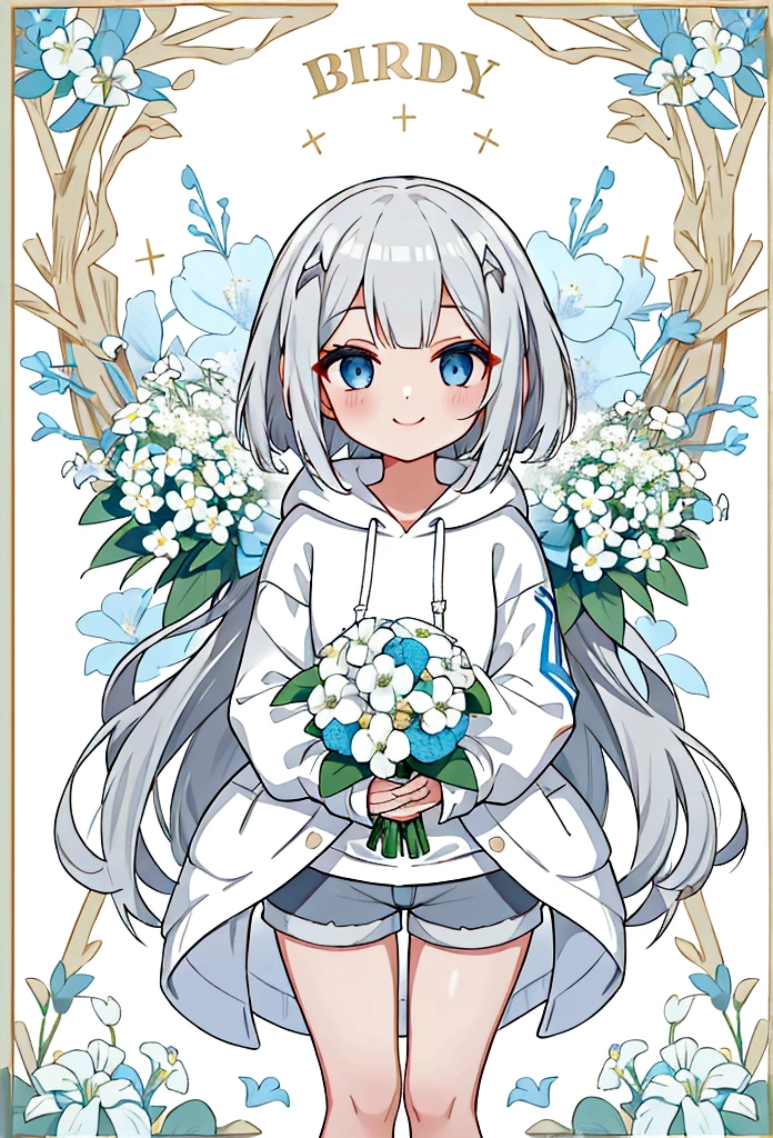 Girl,Silver Hair,blue eyes,Bob,birthday,whole body,White hoodie,Grey shorts,bouquet,smile,Gypsophila,Gardenia