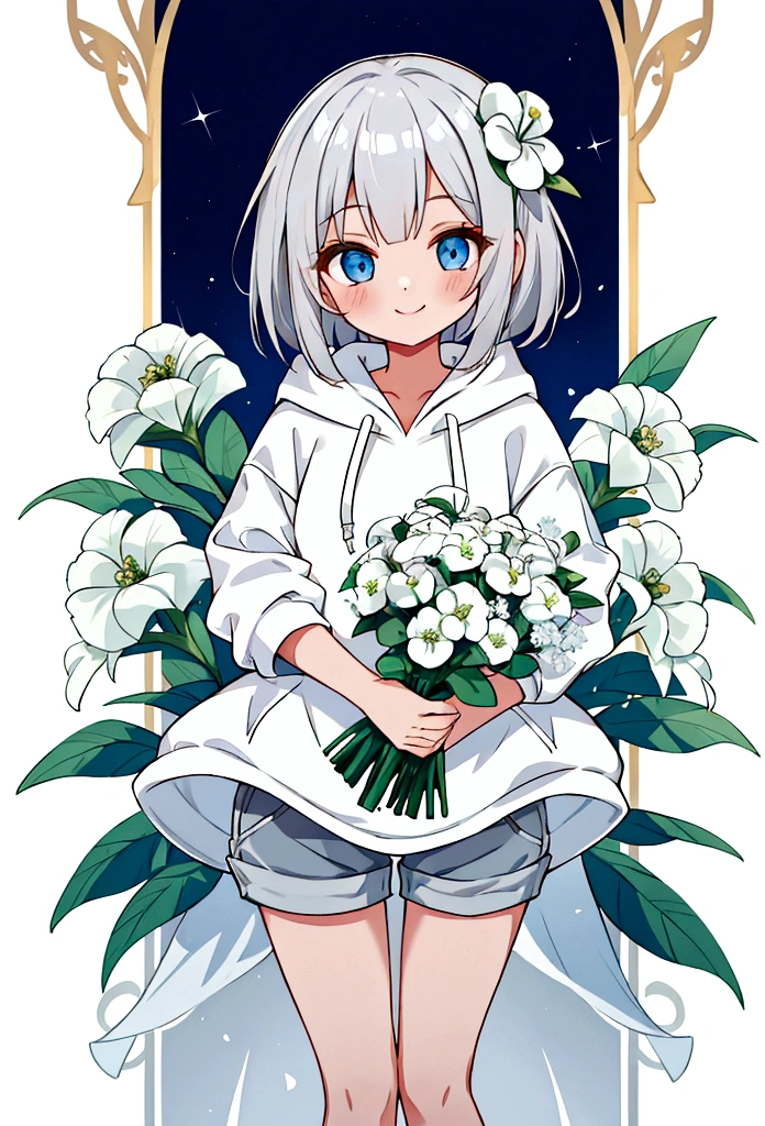Girl,Silver Hair,blue eyes,Bob,birthday,whole body,White hoodie,Grey shorts,bouquet,smile,Gypsophila,Gardenia