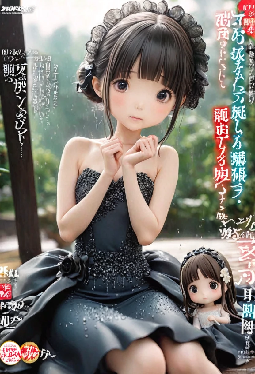 Magazine cover(masterpiece, best quality:1.2),Little Woman,shy(((The eyes are delicate)))((Black Diamond Evening Dress)),rain(8K)(HD)