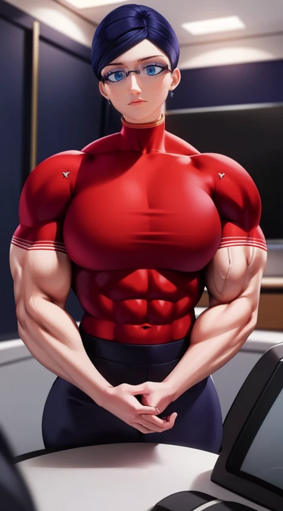 a muscular female bodybuilder in red bra inside office suit and her hair is dark blue and a bit red from end to the left side of head, detailed face, beautiful detailed eyes, beautiful detailed lips, extremely detailed face and muscles, long eyelashes, strong muscles bulging through suit, dynamic pose, professional studio lighting, hyperrealistic, 8k, high quality, photorealistic, physically-based rendering, concept art, dramatic color palette,((abs)).