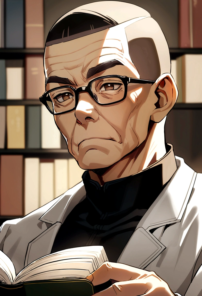 60 year old man with crew cut, brown eyes, black glasses, black high collar long sleeve shirt, white jacket, likes books