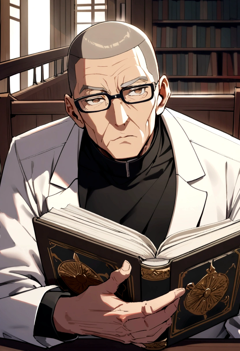 60 year old man with crew cut, brown eyes, black glasses, black high collar long sleeve shirt, white jacket, likes books