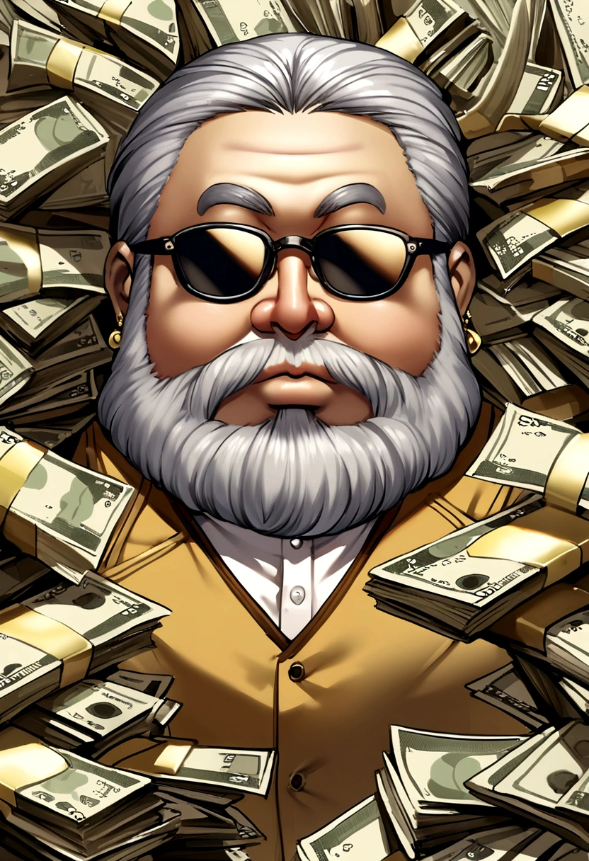 chubby man with gelled grey hair, short hair, black sunglasses, beard, gold earrings, brown-yellow vest, a lot of money 