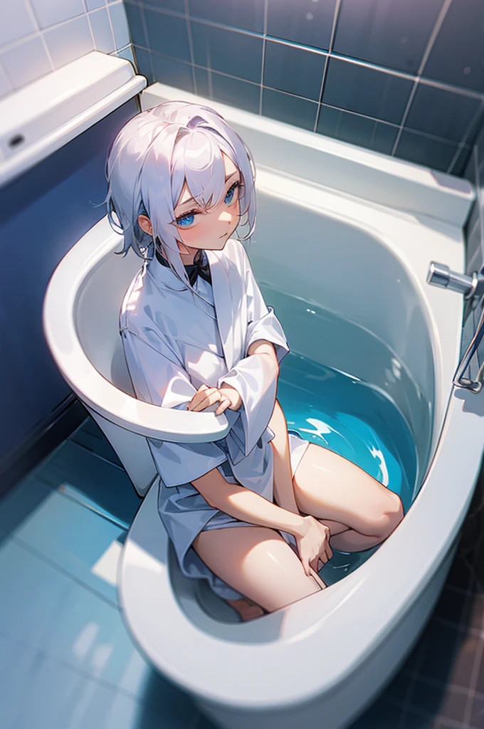 little girl with,white hair,blue eyess, wearing a white camisole and a blue cardigan, Lying in the bathtub,At the night,Her belly is glowing,