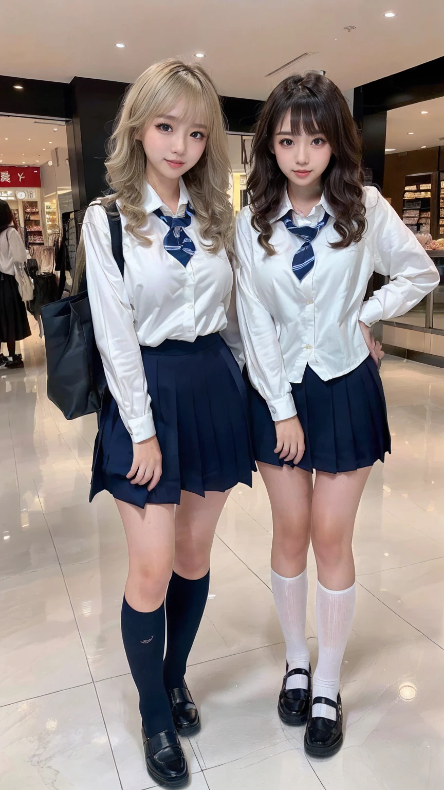 (scene; (2 people:1.8)), Gal, (女子高校生2 people), (Shopping mall, Shopping Street, street, Outdoor), (こちらを向いてAre standing, Full body portrait, Photograph the whole body, Full body image, Are standing, Spread your legs, Striking a sexy pose), (Wide thighs, length, Thin limbs, Narrow waist), ((Highly detailed skin), Beautiful realistic face, White skin, Pointed Chest, Perfect Anatomy, Realistic eyes, Natural Eyes, Brown eyes, Accurate eye focus, Accurate limbs), (Hyper Realist, Ultra-realistic, 4K, Attention to detail, Ultra-high resolution, Highest quality, masterpiece, before, dynamic, boost mood, bold, Sharpness), (Huge breasts:1.5, Cleavage:1.5), (Blonde long hair:1.5, Wavy long hair:1.5, Curly Hair:1.5), (sleek bangs), (Twin tail hair), (White collared shirt, Pleated mini skirt, (Navy thigh-high stockings), Black Loafers, Ribbon tie), Schoolgirl in uniform, Surreal school girl, expensive,  in uniform, smile, Cleavageを強調, Sexy panties are visible, (Are standing女子高校生が2 people:1.8),