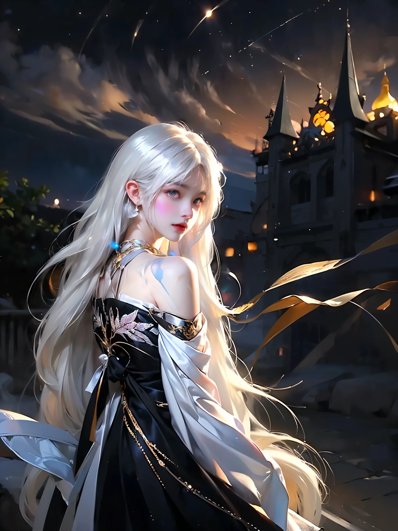 ((((From this knee up)), Night view, Stella, (((masterpiece:1.5, detailed:1.4)), top view, Backlight, A fantastic atmosphere envelopes this ancient city as this sun sets。At this center of this magical moment is a woman、(White-haired girl:1.5)and、Her beautiful hair、(Backlight)A sparkling white waterfall flows down from below.。Exudes mysterious charm、Suspended particles bloom in this surrounding air、Her beauty、（Beautiful white and shining skin:1.3）Exuding a mysterious light。this((A dress as black as this night sky))It is beautiful and decorated、The off-shoulder design makes the overall look more feminine., Big , White stockings
