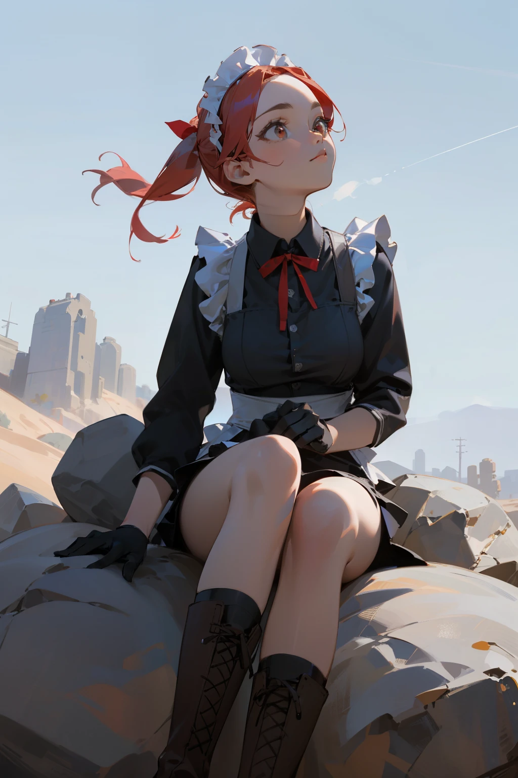 (masterpiece), ((best quality)), (super detailed), (beautiful eyes beautiful details eyes, Clean and delicate face), (sitting on a huge rock looking up at the sky:1.3), solo, Red bob hair, red eyes, (maid costume, white maid headband), thigh, black gloves, army boots, sentimental in the desert, contrail