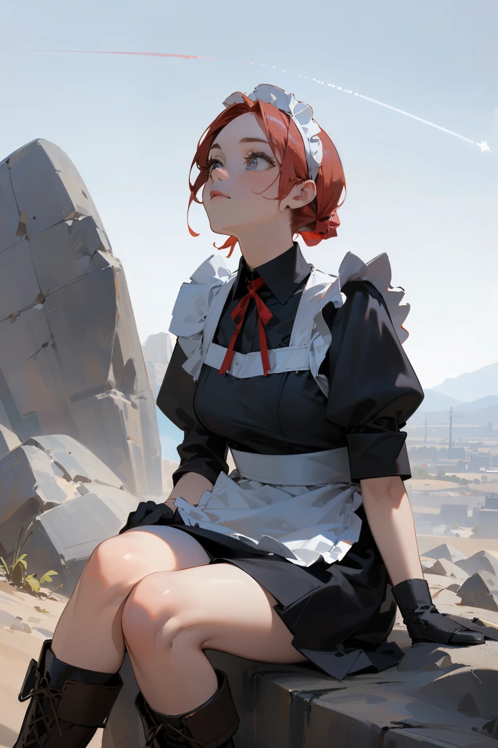 (masterpiece), ((best quality)), (super detailed), (beautiful eyes beautiful details eyes, Clean and delicate face), (sitting on a huge rock looking up at the sky:1.3), solo, Red bob hair, red eyes, (maid costume, white maid headband), thigh, black gloves, army boots, sentimental in the desert, contrail