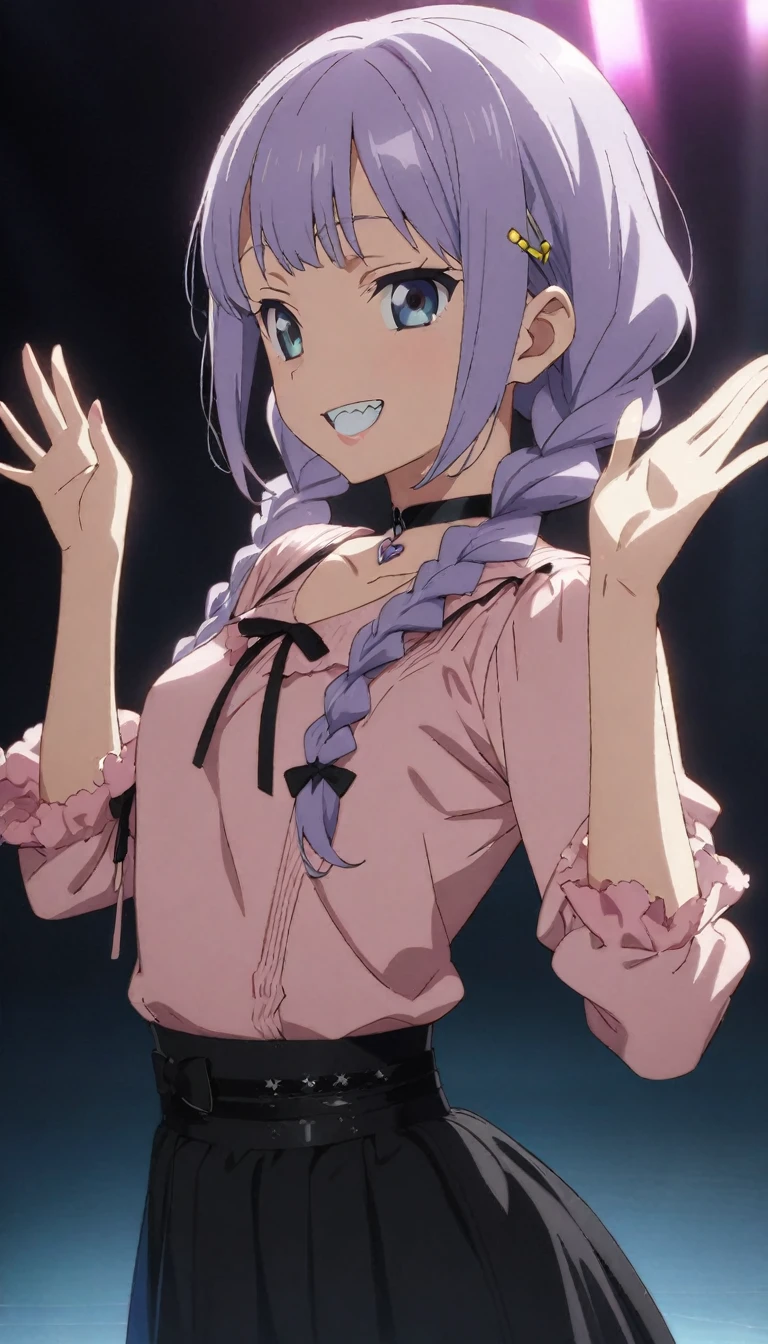 (Cute a girl:1.5), ((a girl with closs hair pin,pale purple hair,wavy two braids,bluntbangs hair,green and black eyes,
pink shirt,cosplay, jirai kei, bangs, black skirt, black bow, looking at viewer, bow, long sleeves, choker, ribbon,pink lips,Thick-soled boots,fullbody shot :1.4),boots focus,
(masterpiece:1.3), anime visual, small breast,slim,The girl holds the microphone in both hands and singing ,A pose with hands raised high, show your teeth and wave your hand.:1.4),(masterpiece:1.3), anime visual, (Lovey-dovey:1.5), (tilt head:1.3), extremely delicate face, soft clean focus, realistic lighting and shading, (an extremely delicate and beautiful art:1.3), elegant, small breast,slim,smiling,The dazzling lights of the concert venue, the countless purple glow sticks,