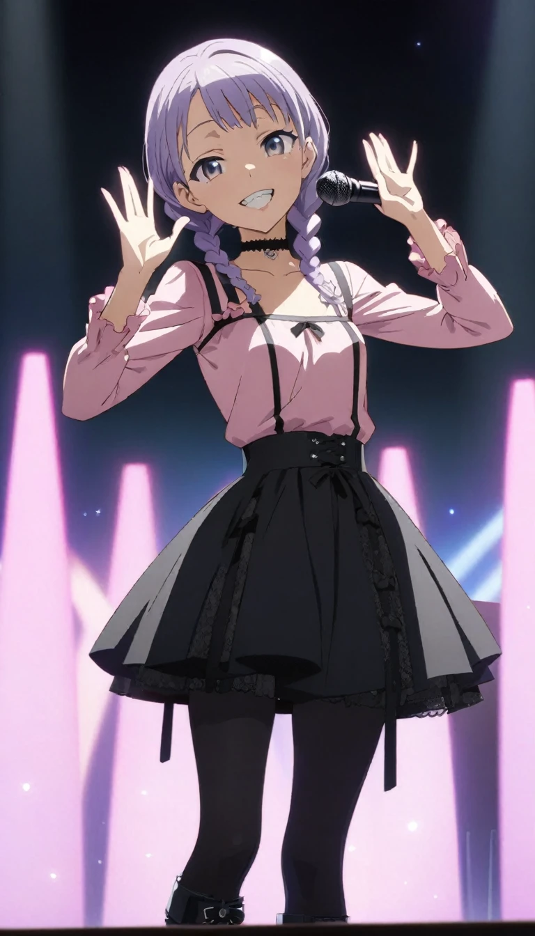 (Cute a girl:1.5), ((a girl with closs hair pin,pale purple hair,wavy two braids,bluntbangs hair,green and black eyes,
pink shirt,cosplay, jirai kei, bangs, black skirt, black bow, looking at viewer, bow, long sleeves, choker, ribbon,pink lips,Thick-soled boots,fullbody shot :1.4),boots focus,
(masterpiece:1.3), anime visual, small breast,slim,The girl holds the microphone in both hands and singing ,A pose with hands raised high, show your teeth and wave your hand.:1.4),(masterpiece:1.3), anime visual, (Lovey-dovey:1.5), (tilt head:1.3), extremely delicate face, soft clean focus, realistic lighting and shading, (an extremely delicate and beautiful art:1.3), elegant, small breast,slim,smiling,The dazzling lights of the concert venue, the countless purple glow sticks,