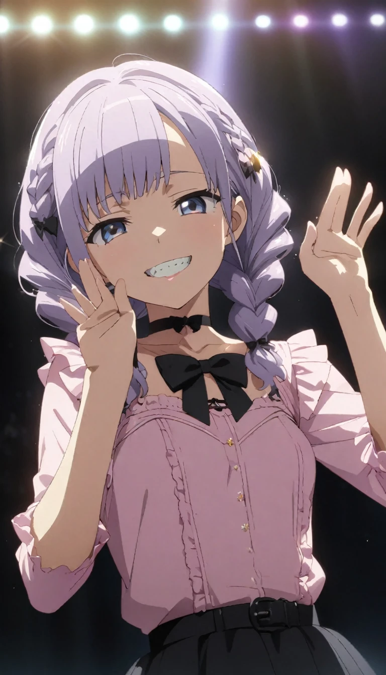 (Cute a girl:1.5), ((a girl with closs hair pin,pale purple hair,wavy two braids,bluntbangs hair,green and black eyes,
pink shirt,cosplay, jirai kei, bangs, black skirt, black bow, looking at viewer, bow, long sleeves, choker, ribbon,pink lips,Thick-soled boots,fullbody shot :1.4),boots focus,
(masterpiece:1.3), anime visual, small breast,slim,The girl holds the microphone in both hands and singing ,A pose with hands raised high, show your teeth and wave your hand.:1.4),(masterpiece:1.3), anime visual, (Lovey-dovey:1.5), (tilt head:1.3), extremely delicate face, soft clean focus, realistic lighting and shading, (an extremely delicate and beautiful art:1.3), elegant,  small breast,slim,smiling,The dazzling lights of the concert venue, the countless purple glow sticks,