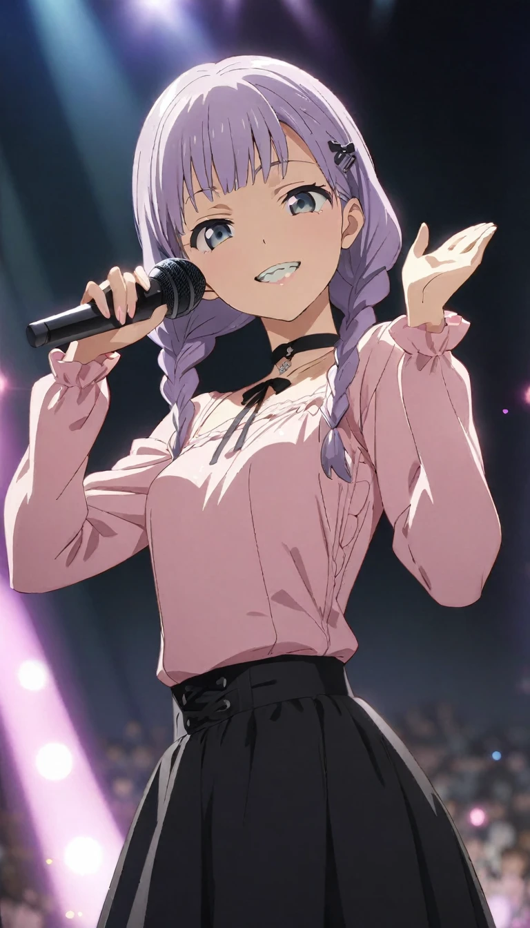 (Cute a girl:1.5), ((a girl with closs hair pin,pale purple hair,wavy two braids,bluntbangs hair,green and black eyes,
pink shirt,cosplay, jirai kei, bangs, black skirt, black bow, looking at viewer, bow, long sleeves, choker, ribbon,pink lips,Thick-soled boots,fullbody shot :1.4),boots focus,
(masterpiece:1.3), anime visual, small breast,slim,The girl holds the microphone in both hands and singing ,A pose with hands raised high, show your teeth and wave your hand.:1.4),(masterpiece:1.3), anime visual, (Lovey-dovey:1.5), (tilt head:1.3), extremely delicate face, soft clean focus, realistic lighting and shading, (an extremely delicate and beautiful art:1.3), elegant,  small breast,slim,smiling,The dazzling lights of the concert venue, the countless purple glow sticks,