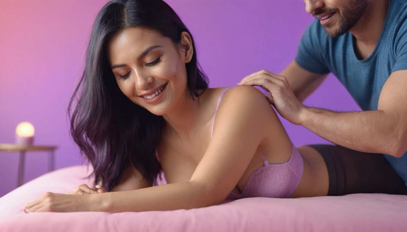 woman wearing bra doing erotic massage to a man on a bed using, she is watching smartphone, while she doing massage she use smartphone, smartphone in her hand, sensually, orgasm, mans mouth flirtingly smiling, liquid drops, skin, closeup, clear faces, macro shoots, minimalistic, in a light purple and pink style, with soft edges and blurred details, with a 3D render, on a colorful background, with a minimalist stage design, in a surreal style, with a cinema4D rendering, with a minimalist style, with low saturation, using gradient colors, with a cinema4D rendering, with a blender rendering, with super detail, at a super high resolution, at a super high definition, 4K
