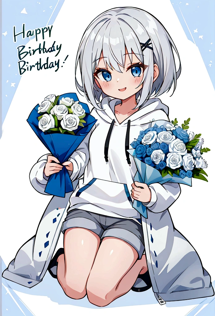 Girl,Silver Hair,blue eyes,Bob,birthday,whole body,White hoodie,Grey shorts,bouquet,smile