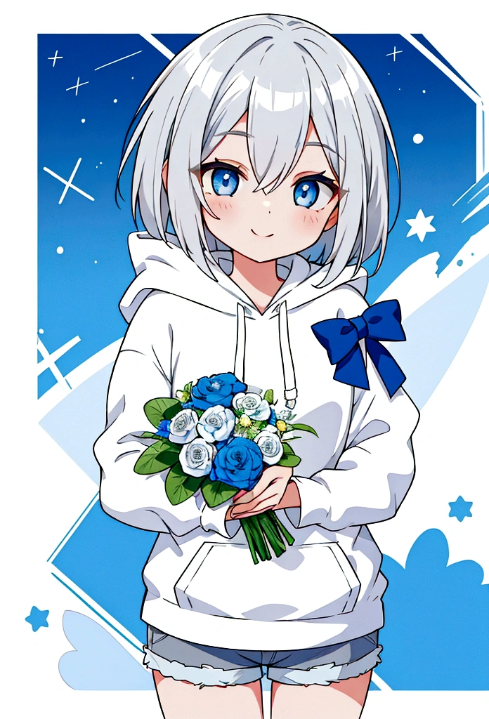 Girl,Silver Hair,blue eyes,Bob,birthday,whole body,White hoodie,Grey shorts,bouquet,smile