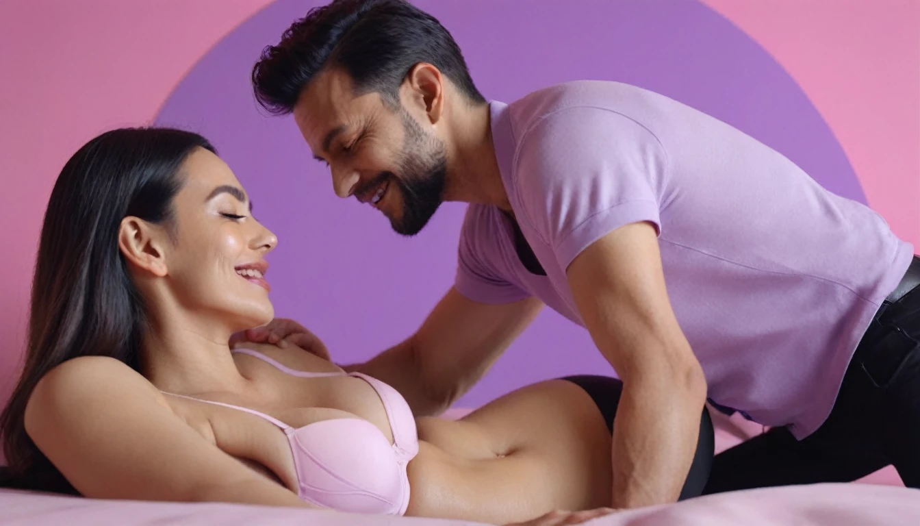 woman wearing bra doing erotic massage to a man on a bed using, she is watching smartphone, while she doing massage she use smartphone, smartphone in her hand, sensually, orgasm, mans mouth flirtingly smiling, liquid drops, skin, closeup, clear faces, macro shoots, minimalistic, in a light purple and pink style, with soft edges and blurred details, with a 3D render, on a colorful background, with a minimalist stage design, in a surreal style, with a cinema4D rendering, with a minimalist style, with low saturation, using gradient colors, with a cinema4D rendering, with a blender rendering, with super detail, at a super high resolution, at a super high definition, 4K
