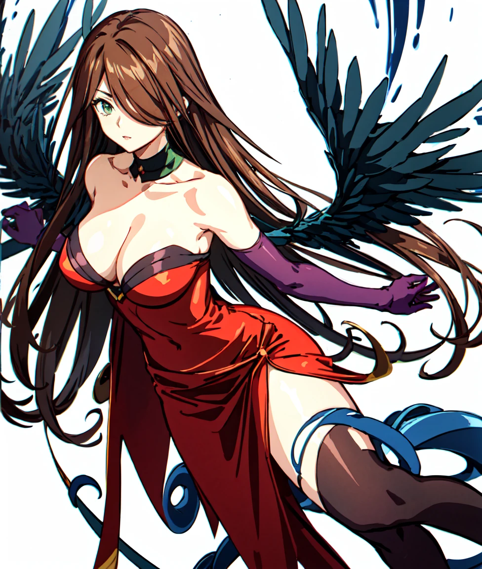 masterpiece, Anime screenshots, 1 Girl, alone, Brown Hair, Long Hair, Green Eyes, Red dress, Cleavage, Bare shoulders, Knee socks, Elbow hand pockets, Black wings, Outdoor, Suppressed, Tentacles, Shuma-Gorath, Cowboy Shot, whole body, elbow gloves, messy hair, hair over one eye,