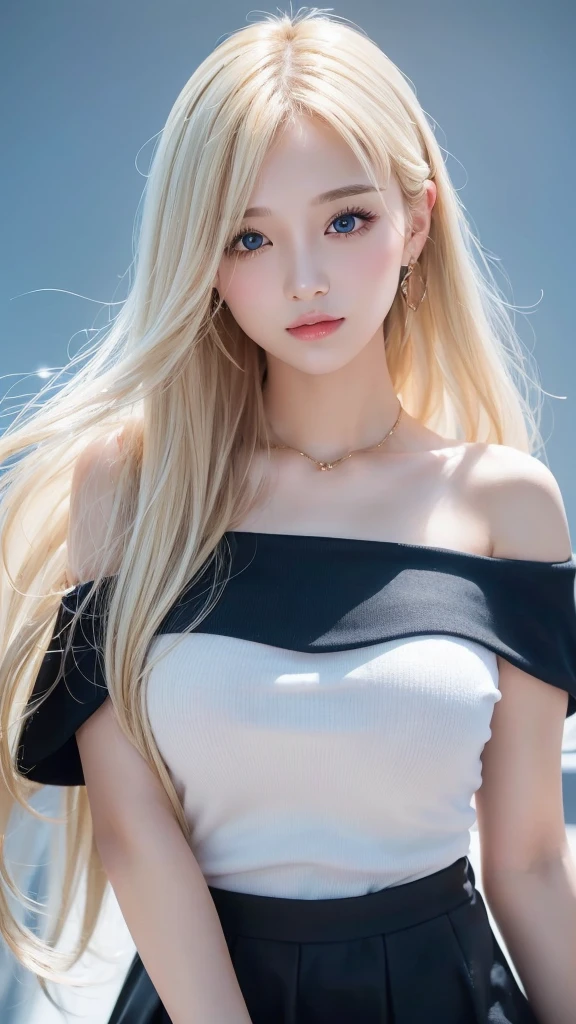 melhor qualidade, obra de arte, ultra high resolution, (fotorrealista:1.4), foto original, 1 garota, olhando para o espectador, Cabelo loiro, Pale skin, olhos azuis, kpop idol, luz do sol 