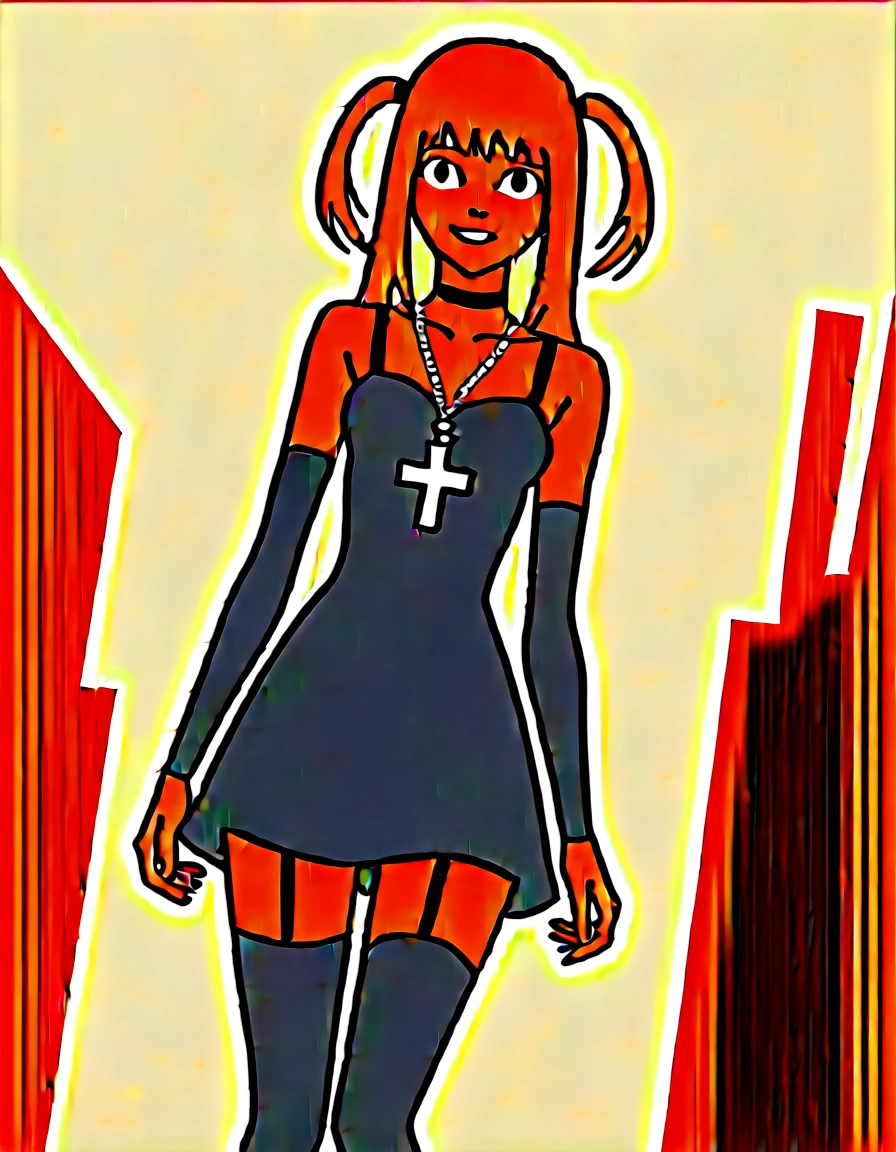 score_9, score_8_up, score_7_up, source_anime,
misaamane, misa amane, long hair, bangs, brown eyes, yellow hair, blunt bangs, two side up, red lips, lipstick, smile,
thighhighs, dress, jewelry, collarbone, boots, detached sleeves, choker, black thighhighs, necklace, black footwear, black dress, sleeveless dress, garter straps, black choker, short dress, floral print, cross, red nails, cross necklace,
outdoors, cityscape,
looking at viewer, dutch angle, cowboy shot