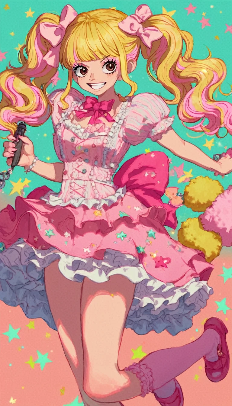 1girl, solo, lolita gyaru, blonde hair, straight twintails, pastel blonde hair, pastel pink highlights, pastel pink bow, sharp eyes, brown eyes, pom pom hair ties, makeup, frilly pastel pink one piece dress, bows, buttons, ruffles, knee high pink socks, pink flats,
Score_9,Score_8,score_7_up(source_anime, rating_questionable ,