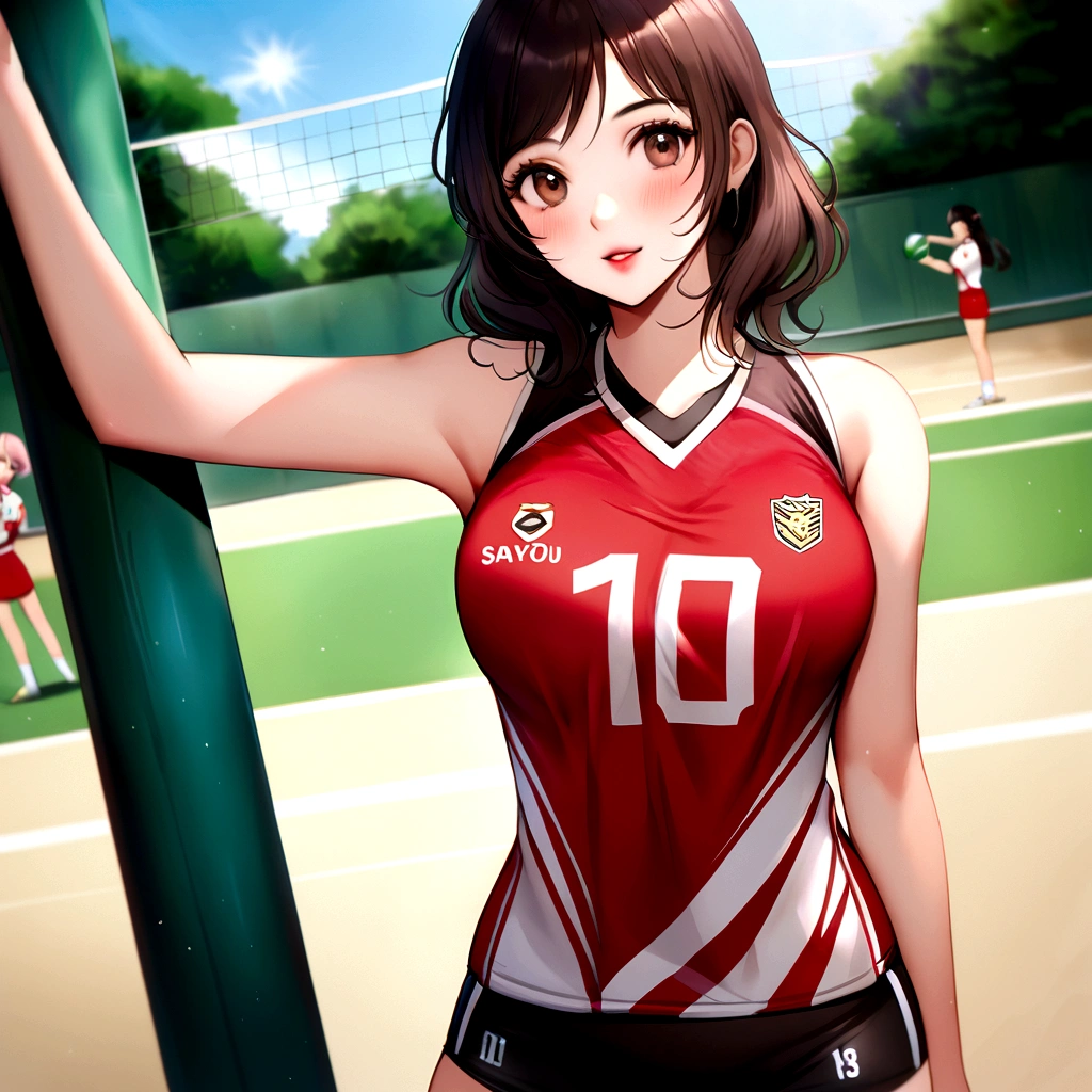 arafed asian woman in a red and white volleyball uniform posing for a picture, wearing a volleyball jersey, Nishimiya Shoko, volleyball, sakimichan hdri, Chiho, sporty, kiyoko suzuki, , Japanese Model, 