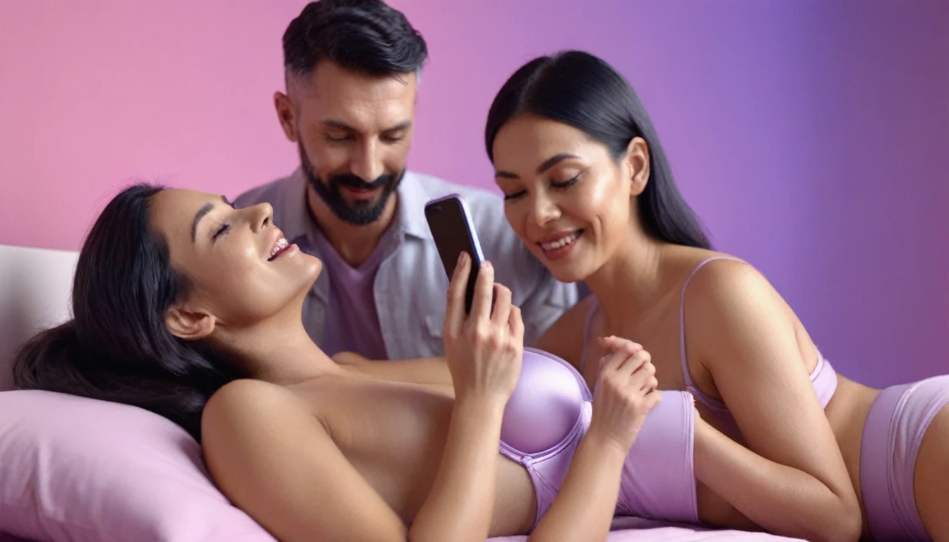 woman wearing bra doing erotic massage to a man on a bed using, she is watching smartphone, while she doing massage she use smartphone, smartphone in her hand, sensually, orgasm, mans mouth flirtingly smiling, liquid drops, skin, closeup, clear faces, macro shoots, minimalistic, in a light purple and pink style, with soft edges and blurred details, with a 3D render, on a colorful background, with a minimalist stage design, in a surreal style, with a cinema4D rendering, with a minimalist style, using gradient colors, with a cinema4D rendering, with a blender rendering, with super detail, at a super high resolution, at a super high definition, 4K
