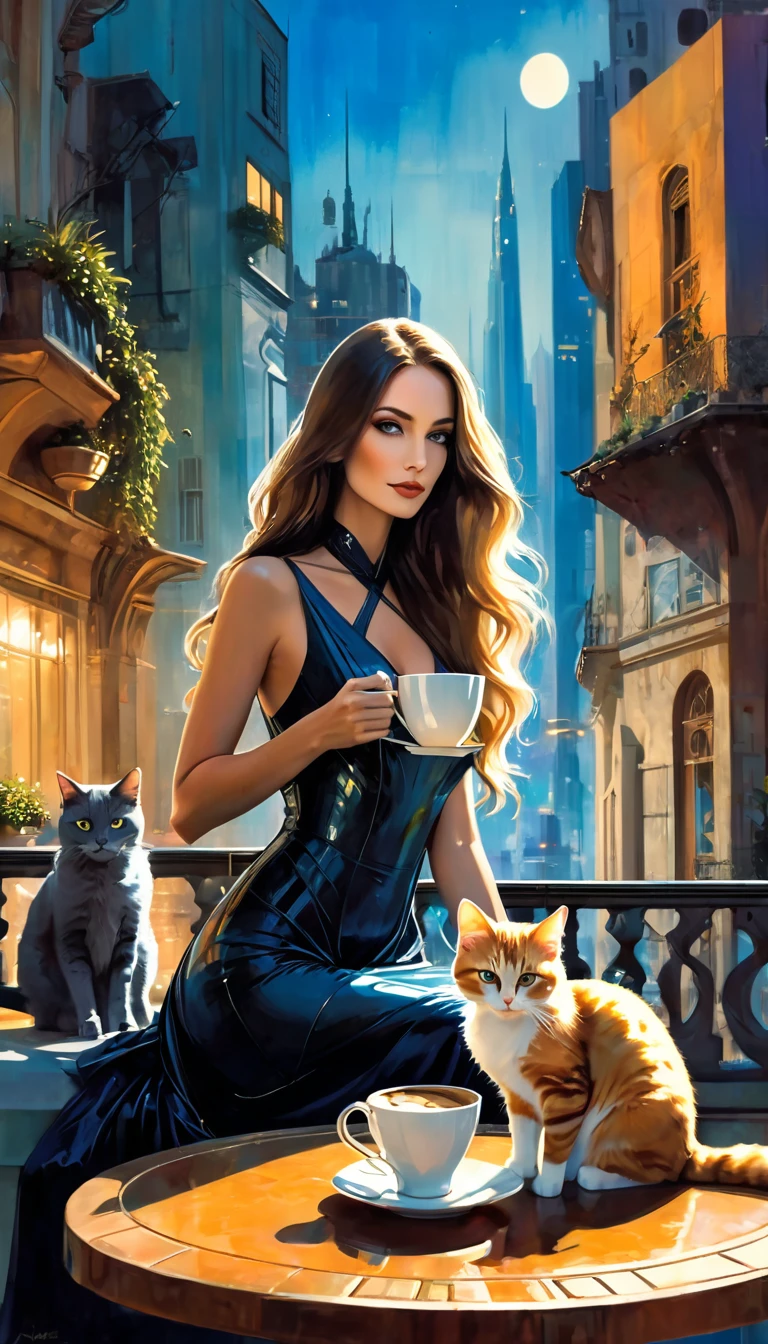 a beautiful woman in an elegant dress, flawless skin, long flowing hair, stunning eyes, graceful hands, sitting on a terrace with a pet cat, enjoying a cup of coffee, scenic futuristic city in the background, cinematic lighting, intricate details, dramatic colors, oil painting, masterpiece, photorealistic, ultra-detailed, 8k, professional, concept art, Bill Sienkiewicz inspired