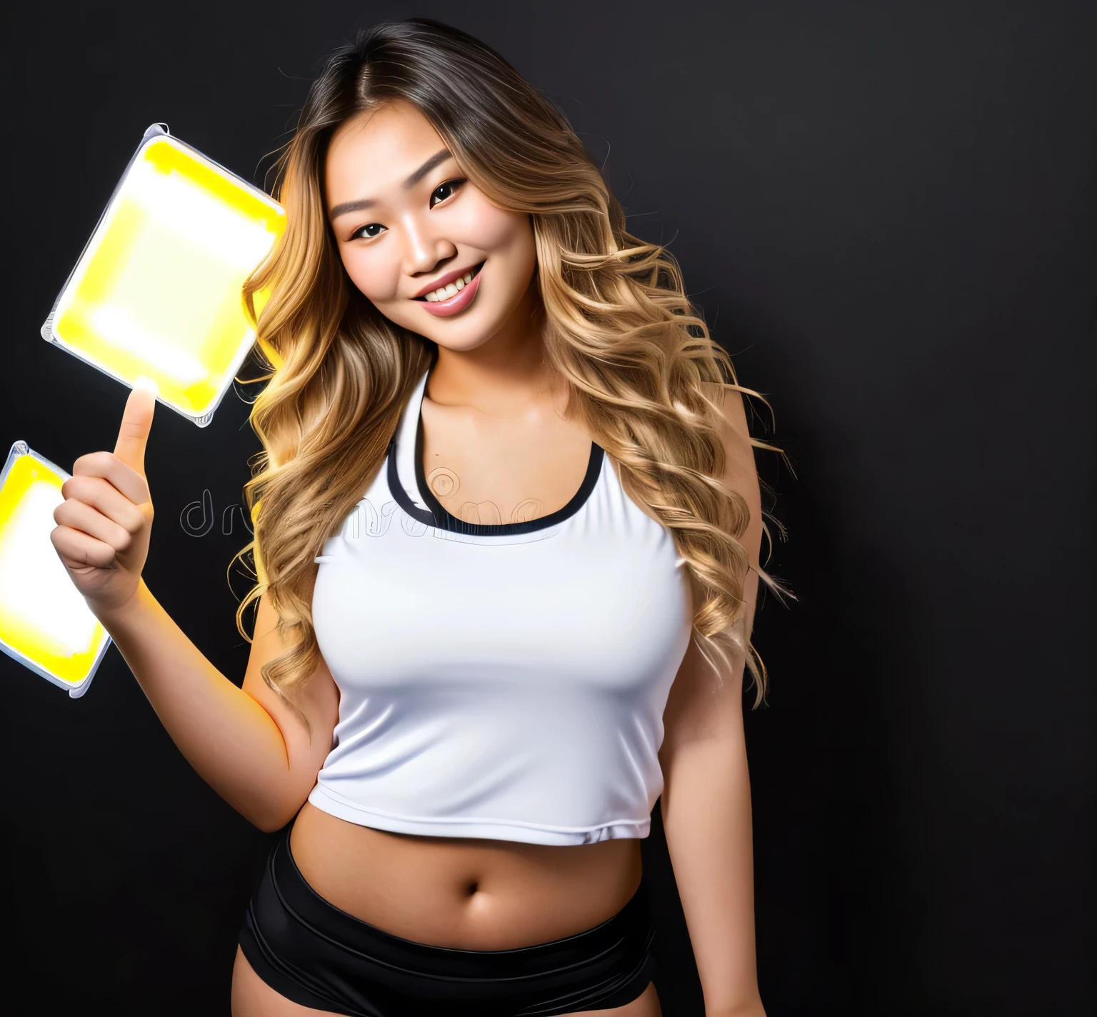 A beautiful sexy Kazakh girl 25 years old looks at the camera with a large bust in full growth, super big brests, smiling happily, with long wavy blond hair in full length in an sports top and sports shorts, minimalist plain, posing for the camera, looks at the camera, one hand raised and pointing upward with the index finger, in stock photography style, studio light, on a black background, (((((backlight))))), contrast light, mystical lighting, (((shadow areas)))