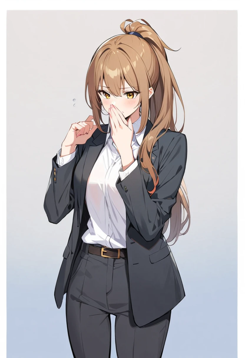 1 Girl, suit, office lady, Black trousers, Black blazer, Brown Hair, Long Hair, teenager, ponytail, Cover your nose with your hand