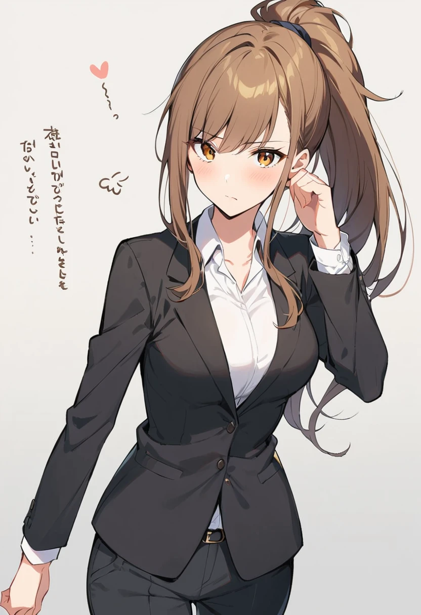 1 Girl, suit, office lady, Black trousers, Black blazer, Brown Hair, Long Hair, teenager, ponytail, Cover your nose with your hand