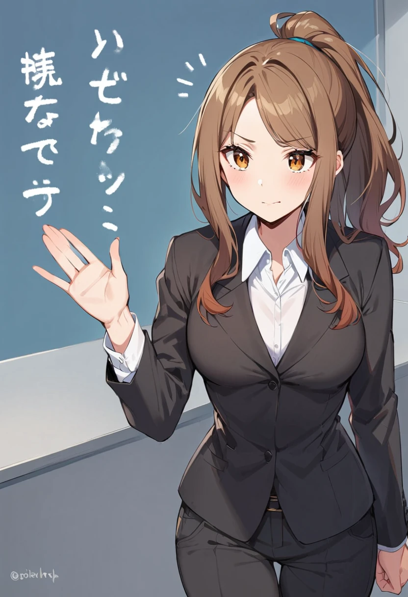 1 Girl, suit, office lady, Black trousers, Black blazer, Brown Hair, Long Hair, teenager, ponytail, Cover your nose with your hand