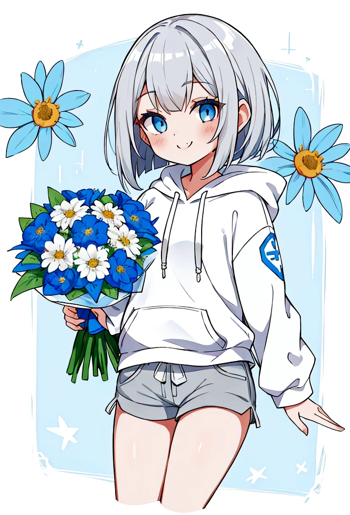 Girl,Silver Hair,blue eyes,Bob,birthday,whole body,White hoodie,Grey shorts,bouquet,smile