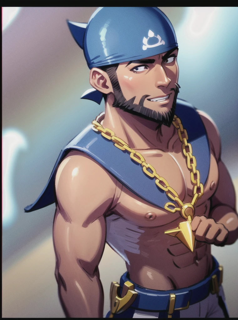 beard, male focus, bandana, 1boy, facial hair, dark skin, pectorals, dark-skinned male, blue bandana, chain necklace, jewelry, necklace, anchor necklace, bara, topless , muscular, muscular male, pokemon (creature), short hair, mature male, black eyes, chain, anchor, large pectorals, watercraft, solo , teeth, skin tight, black hair , black thongs