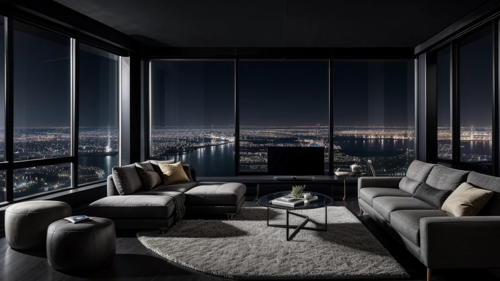 "Futuristic, sleek and modern living room with stylishly designed TV, Comfortable sofa, And a stylish desk. The room features floor-to-ceiling windows that offer stunning views of a bustling cityscape At night, Create a captivating cyberpunk atmosphere." Large windows , At night, dark, Night view, interior  