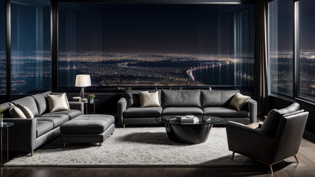 "Futuristic, sleek and modern living room with stylishly designed TV, Comfortable sofa, And a stylish desk. The room features floor-to-ceiling windows that offer stunning views of a bustling cityscape At night, Create a captivating cyberpunk atmosphere." Large windows , At night, dark, Night view, interior  