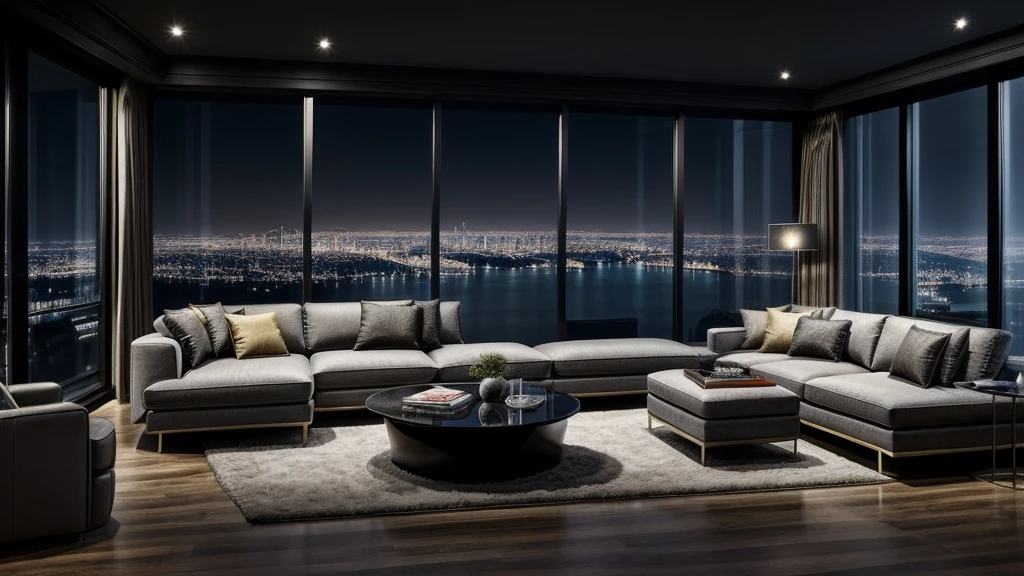 "Futuristic, sleek and modern living room with stylishly designed TV, Comfortable sofa, And a stylish desk. The room features floor-to-ceiling windows that offer stunning views of a bustling cityscape At night, Create a captivating cyberpunk atmosphere." Large windows , At night, dark, Night view, interior  