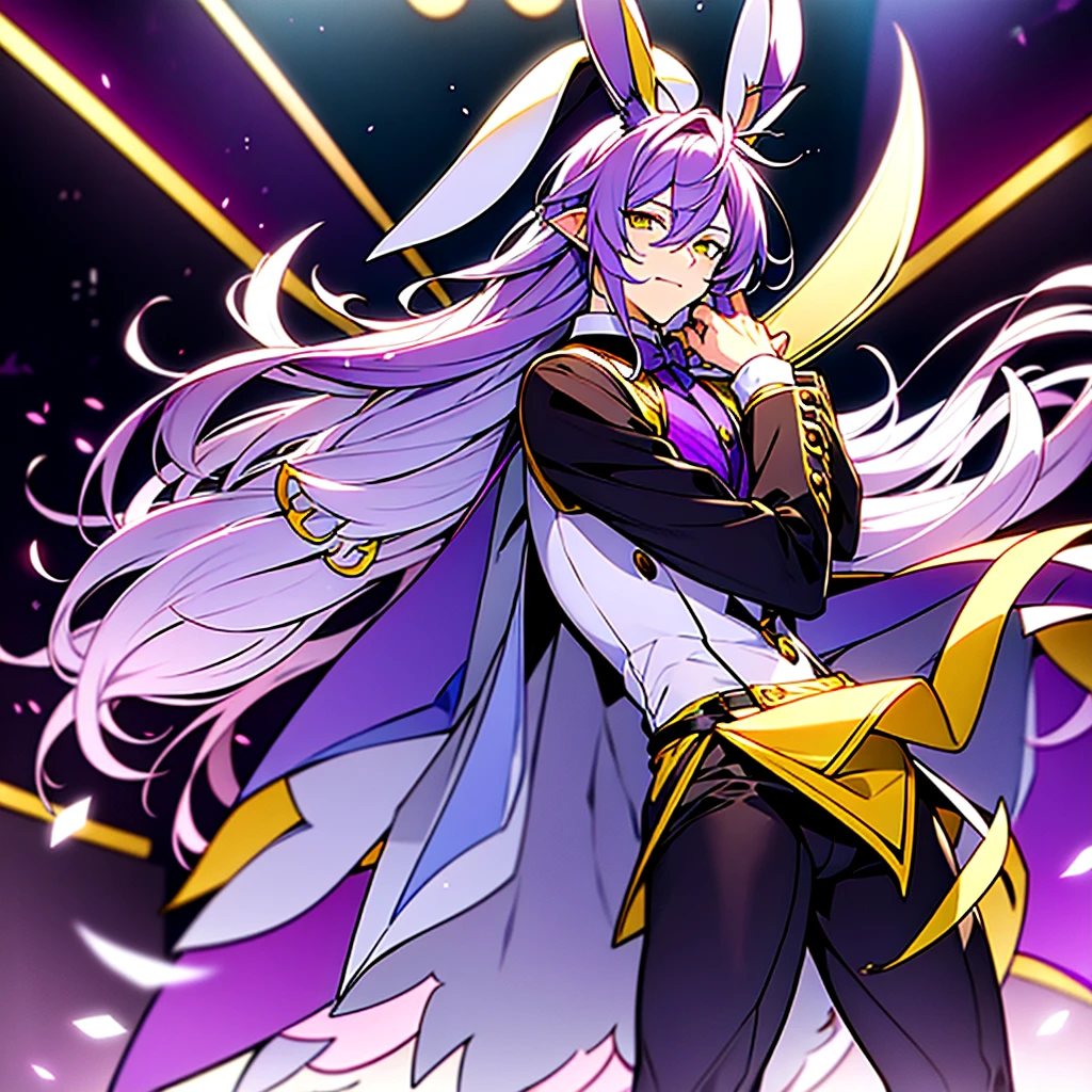 rabbit boy, Rabbit, main color is purple and white, a tuft of yellow hair, 20 years old, 175cm tall, purple hair, looks handsome, big ears, yellow eyes, magician, magician wearing, in the style of furry art, Furry, full body, stage, magic show