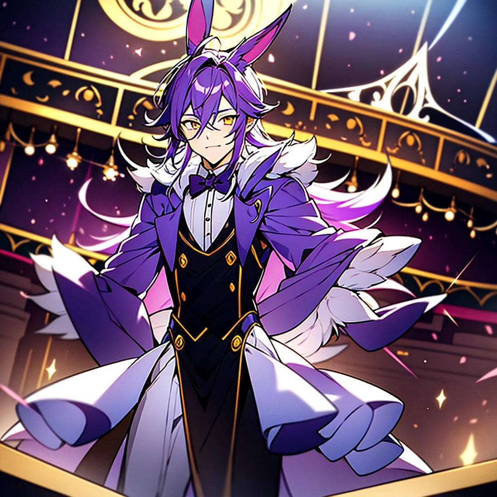 rabbit boy, Rabbit, main color is purple and white, a tuft of yellow hair, 20 years old, 175cm tall, purple hair, looks handsome, big ears, yellow eyes, magician, magician wearing, in the style of furry art, Furry, full body, stage, magic show