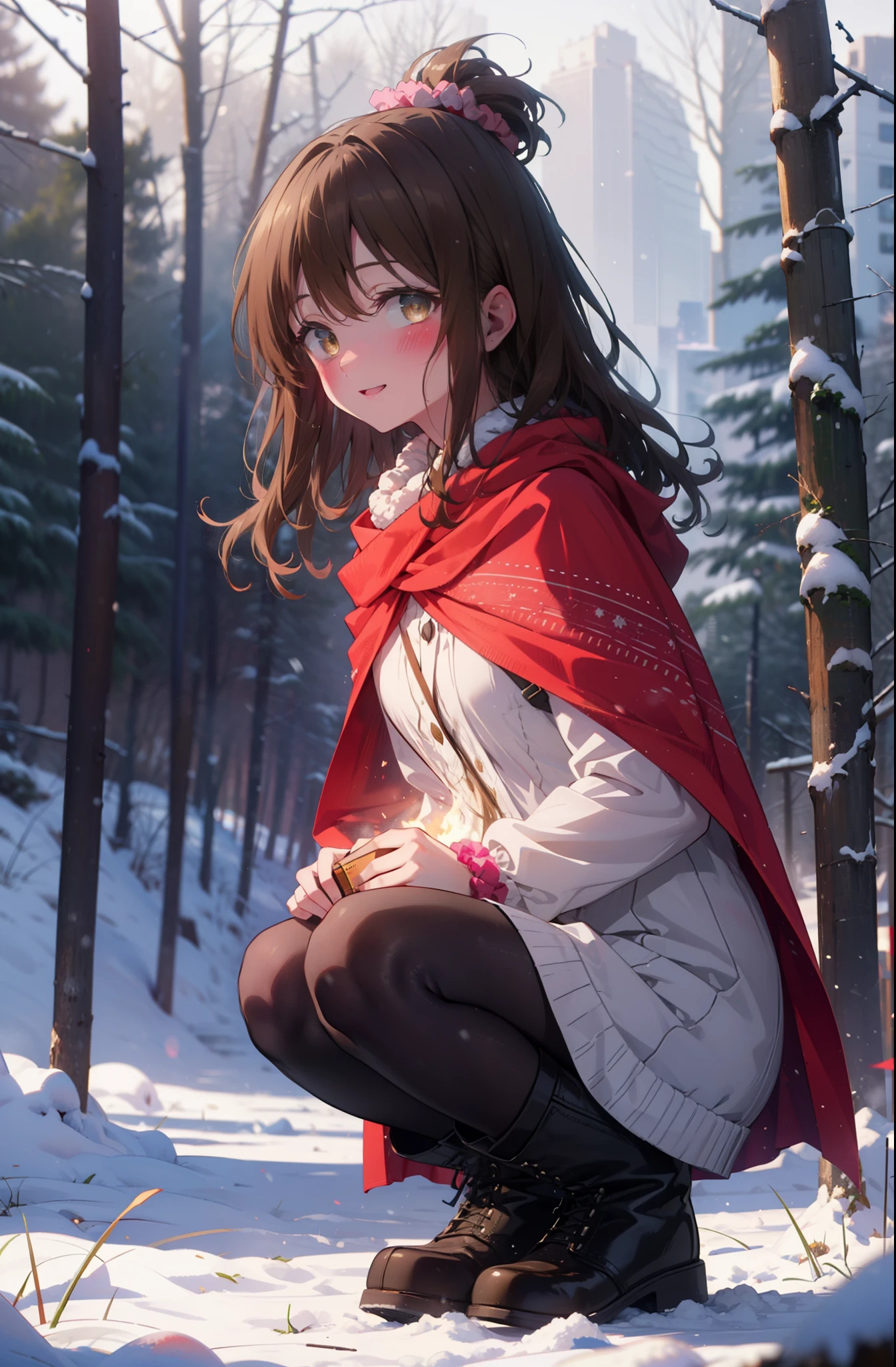 Follow Us, Yuki mandarin orange, (Brown eyes:1.5), Brown Hair, hair ornaments, hair Scrunchie, Long Hair, pink Scrunchie, Scrunchie, (Flat Chest:1.2),smile,,smile,blush,White Breath,
Open your mouth,snow,Ground bonfire, Outdoor, boots, snowing, From the side, wood, suitcase, Cape, Blurred, , forest, White handbag, nature,  Squat, Mouth closed, Cape, winter, Written boundary depth, Black shoes, red Cape break looking at viewer, Upper Body, whole body, break Outdoor, forest, nature, break (masterpiece:1.2), Highest quality, High resolution, unity 8k wallpaper, (shape:0.8), (Beautiful and beautiful eyes:1.6), Highly detailed face, Perfect lighting, Extremely detailed CG, (Perfect hands, Perfect Anatomy),