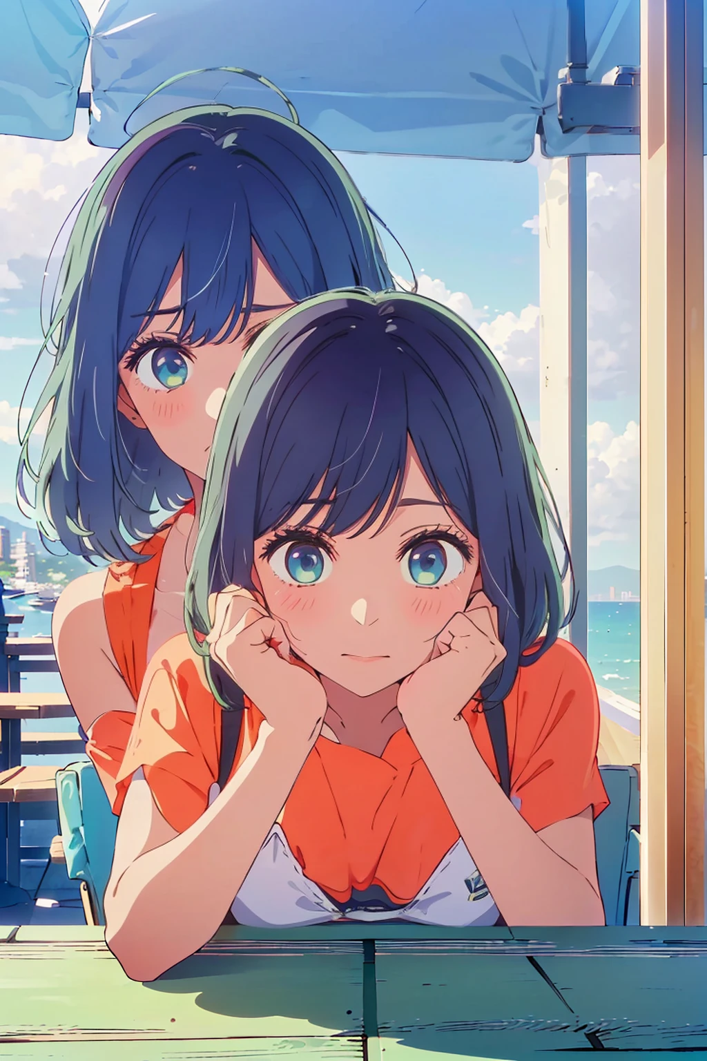 (Highest quality:1.4、8K:1.4、detailed)、F cup bust、Big Breasts、Slim body、Very white beautiful skin、((((1 person、Surprised expression、sit、Chair、In the background are the urban buildings of Tokyo、looking at the camera、Outdoor café terrace、coastal、Navy hair color、juice、White side string high leg bikini、Shooting up close、table、Very cute face))))、(She is making a small face pose with both hands:1.4)、Very blue sky、A completely cloudless sky
