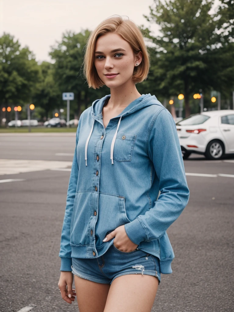 1 swedish girl, cheap phone camera quality, solo, southern belle, [Keira Knightley:0.8], dark strawberry blonde ((short)) hair, freckles, blue eyes, (Swedish face, swedish body), 25 years old, BREAK, , dynamic pose, sexy, seductive, smile, ((background: busy street)), BREAK, (((Infinite focus))) 88mm, 4K, Airport, jean shirt sweat hoodies