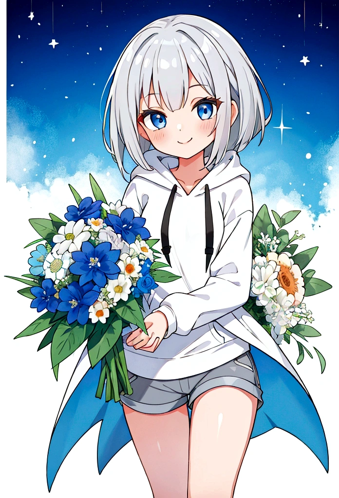 Girl,Silver Hair,blue eyes,Bob,birthday,whole body,White hoodie,Grey shorts,bouquet,smile,adult