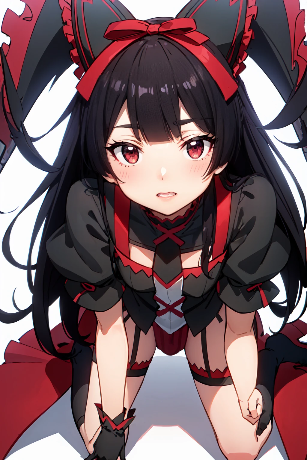 Rory Mercury, Rory Mercury, Black Hair, Blunt bangs, Hime cut, hair ornaments, Red lipstick, Long Hair, Cute face, compensate, (Small box:1.2), (Red eyes:1.5), break Gothic underwear, Perfect body (Small breasts:1.3), break in full growth, Red Shoes, break Black Stockings, Black Gloves break, Black thighs, Garter Straps, gloves, Gothic, Hair Ribbon, Gothicファッション, puffy Short sleeve, Puffy sleeves, Short sleeve, tights, tights, looks at the viewer, break (masterpiece:1.2), Highest quality, High resolution, unity 8k wallpaper, (Illustration:0.8), (Beautiful details in the eyes:1.6), Highly detailed face, Perfect lighting, Highly detailed CGI, (Perfect Arms, Perfect Anatomy), (white background:1.5), I have nothing in my hands, (vulgarity:1.5), female masturbation, 1girl, whole body, Confused eyes